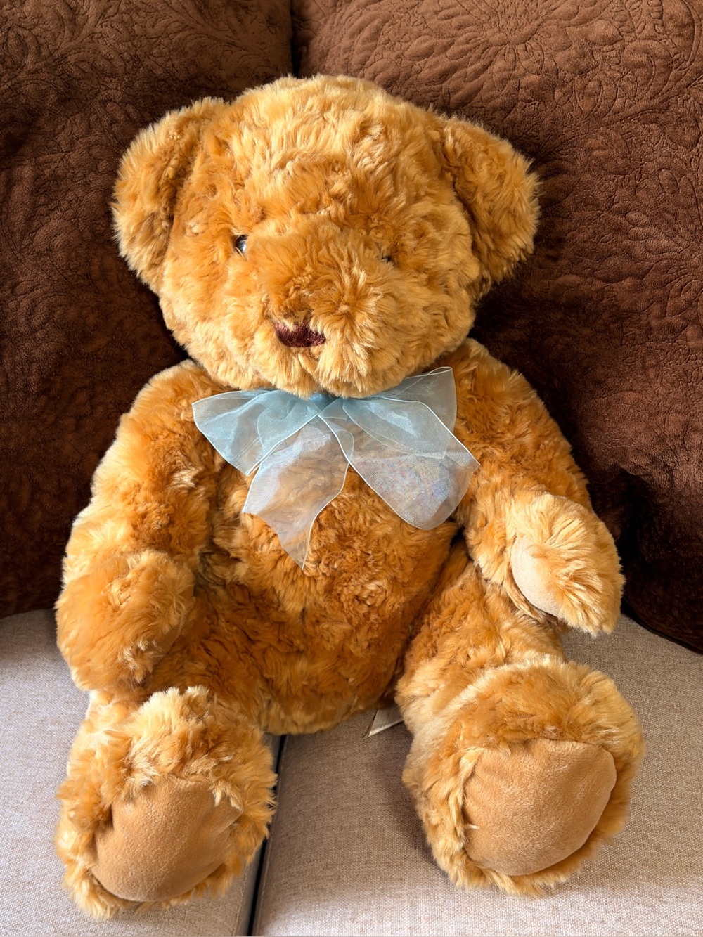 Plush Teddy Bear with Blue Organza Bow - Soft Brown Cuddly Toy